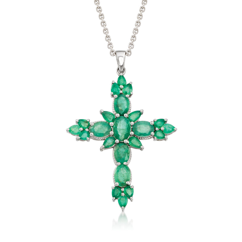 Sterling silver cross pendant necklace with green oval gemstones on a chain
