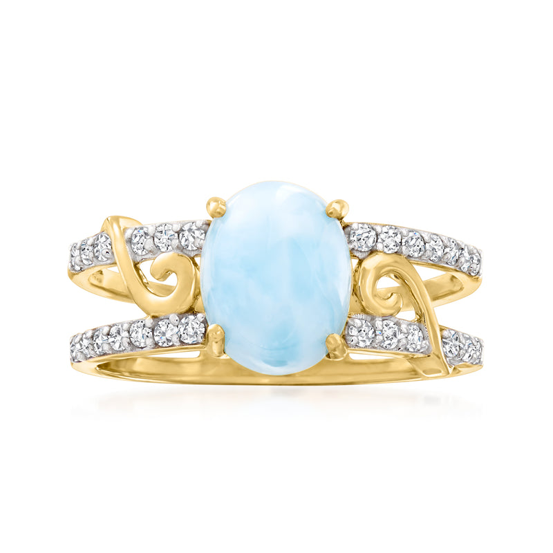Larimar and diamond ring in 14kt yellow gold with split shank and oval blue stone