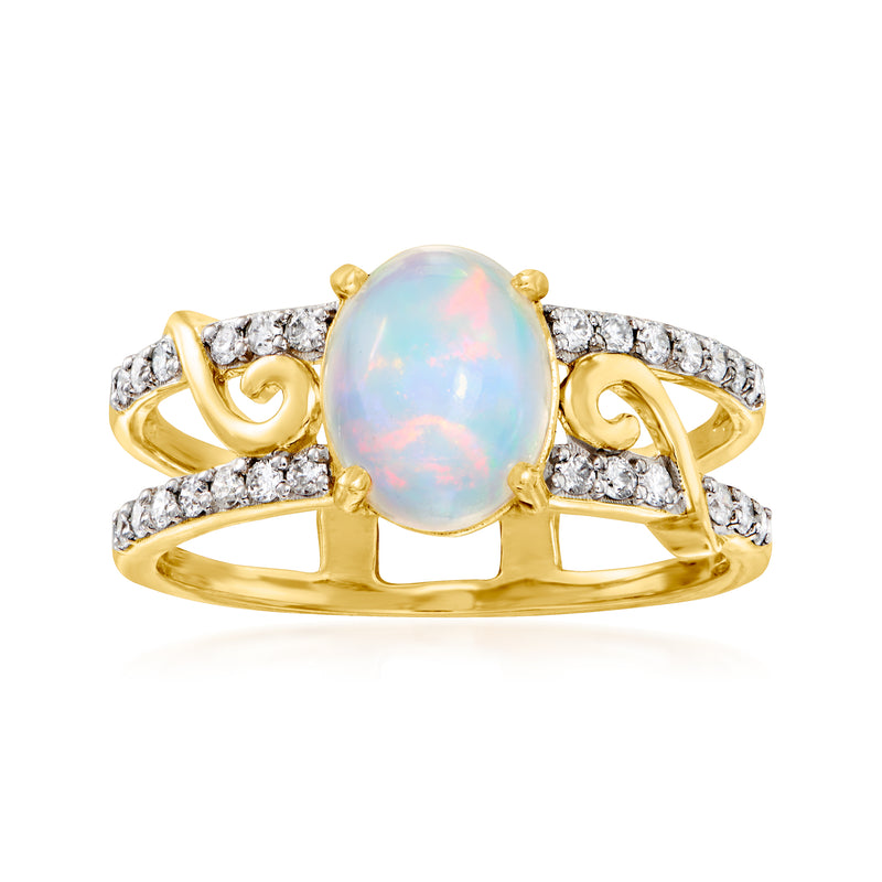 Opal and diamond ring in 14kt yellow gold, oval opal with round diamond accents