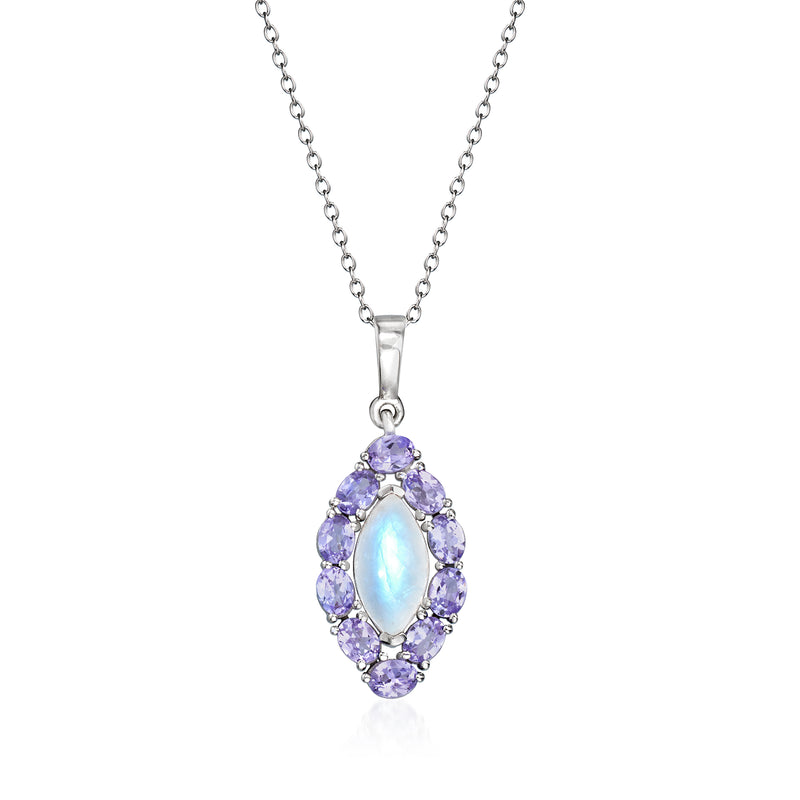 Sterling silver pendant necklace with oval moonstone and purple tanzanite halo