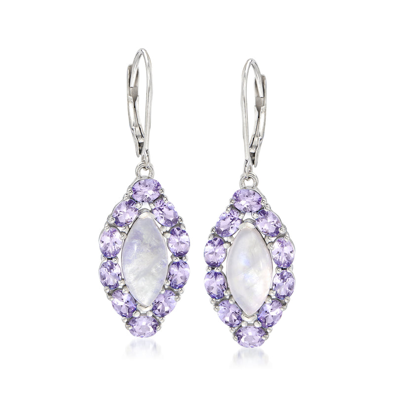 Sterling silver leverback drop earrings with purple pear halo and moonstone center