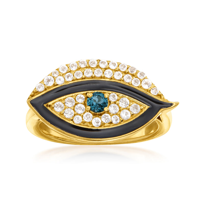 Evil eye ring with blue center stone and white pavé stones in gold over sterling