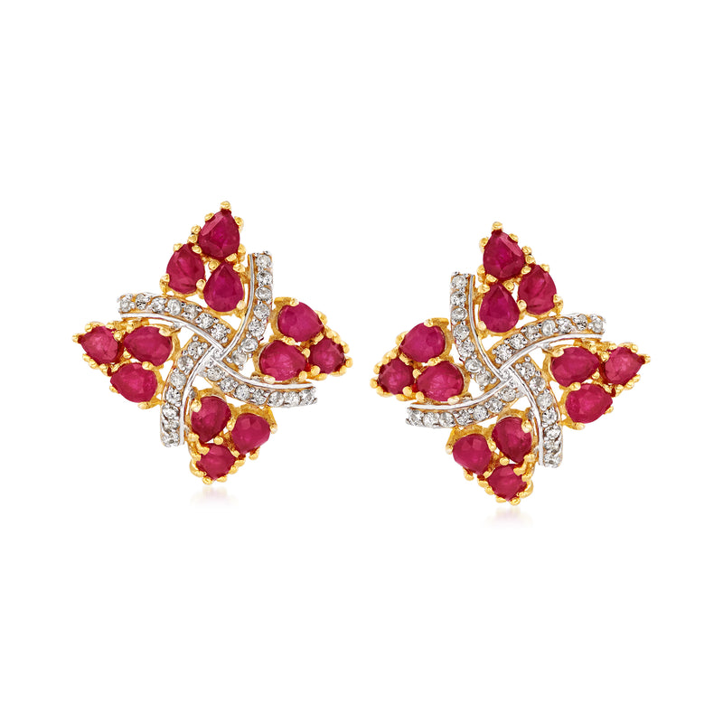 Ruby red zircon pinwheel stud earrings in 18kt gold over sterling, with post backs