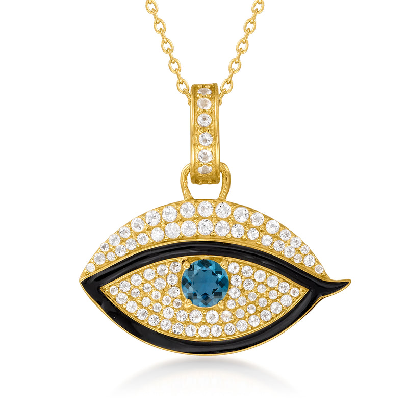 Gold evil eye pendant necklace with blue topaz, black enamel, and white crystal accents