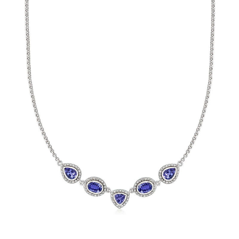 Sterling silver necklace with oval blue tanzanite and white zircon halos