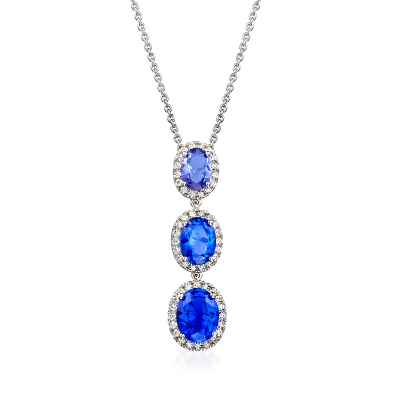 Sterling silver drop necklace with three blue oval simulated sapphire-style stones
