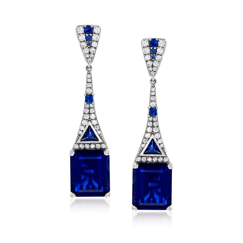 Sterling silver simulated sapphire and CZ drop earrings with rectangular blue stones
