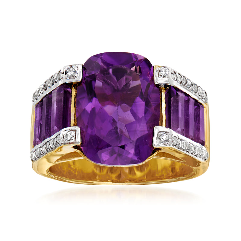 Gold ring with large purple amethyst oval center and white zircon-set side accents