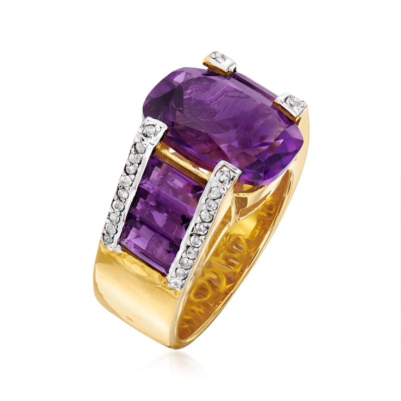 Gold ring with purple amethyst-style cushion stone and white zircon-set side bands