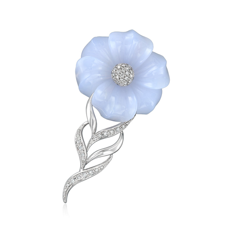 Vintage blue chalcedony flower pin/pendant in 14kt white gold with diamond accents