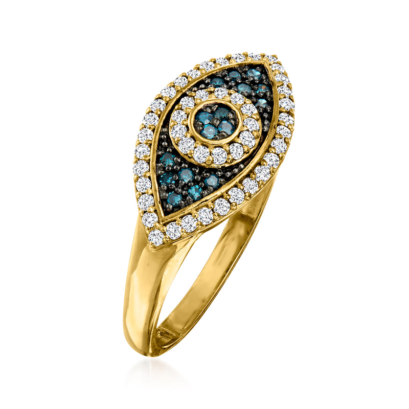 Blue and white diamond evil eye ring in 14kt yellow gold