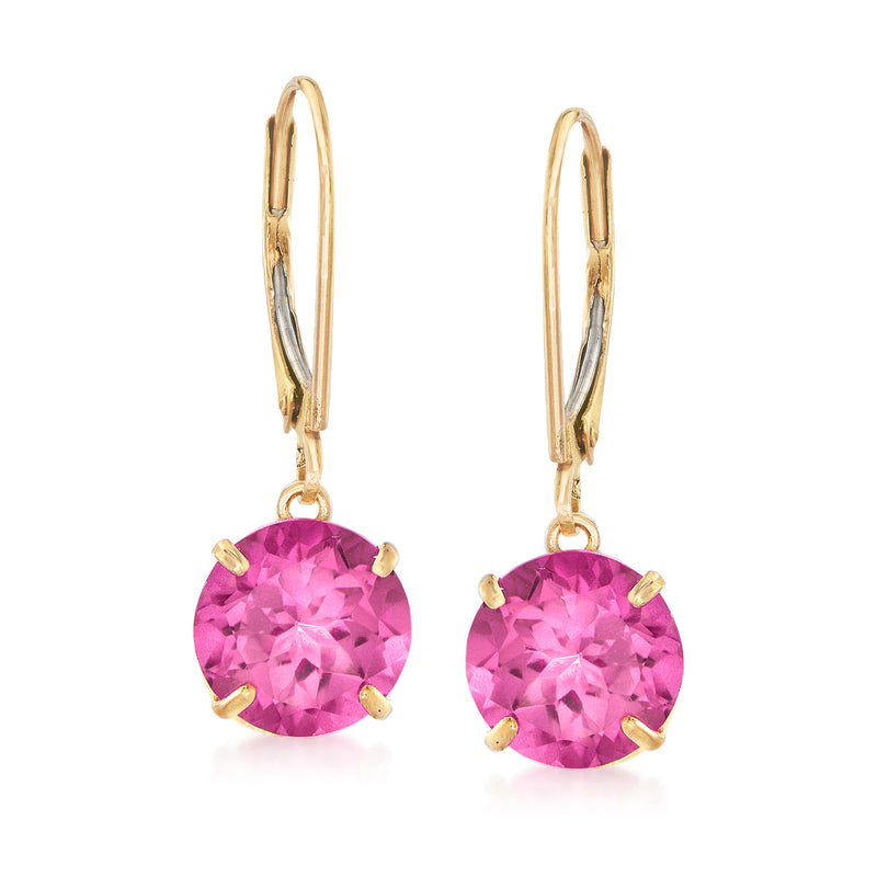 14kt yellow gold drop earrings with pink topaz round leverback settings