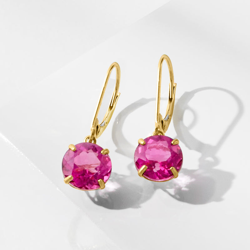14kt yellow gold leverback drop earrings with faceted pink round gemstones