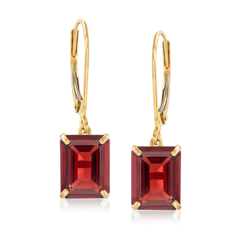 14kt yellow gold leverback drop earrings with square red garnet gemstones