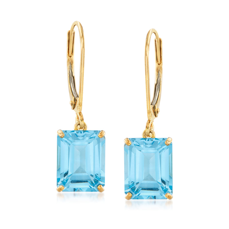 14kt yellow gold leverback drop earrings with square sky-blue topaz stones