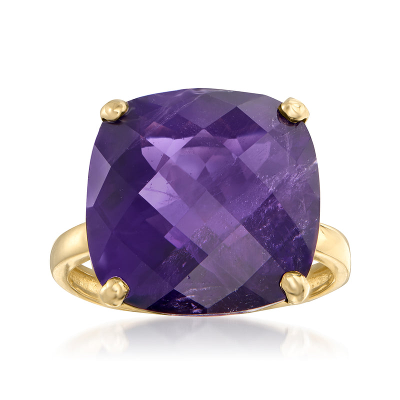 Amethyst ring in 14kt yellow gold with large oval faceted purple gem, four-prong setting