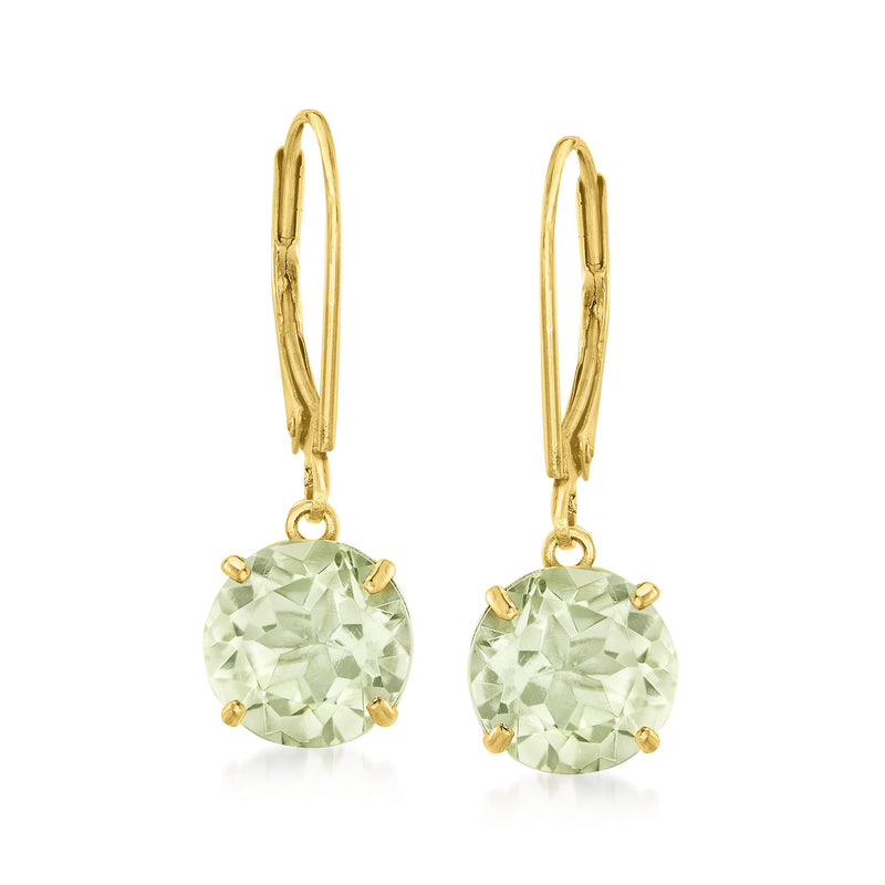 14kt yellow gold prasiolite drop earrings with round pale-green gemstone, leverback