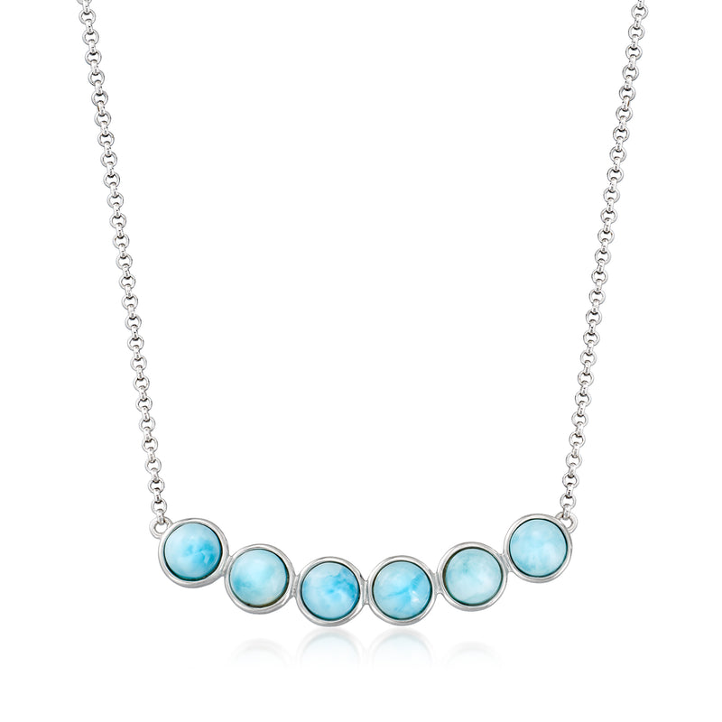 Sterling silver necklace with curved row of round blue larimar cabochon beads