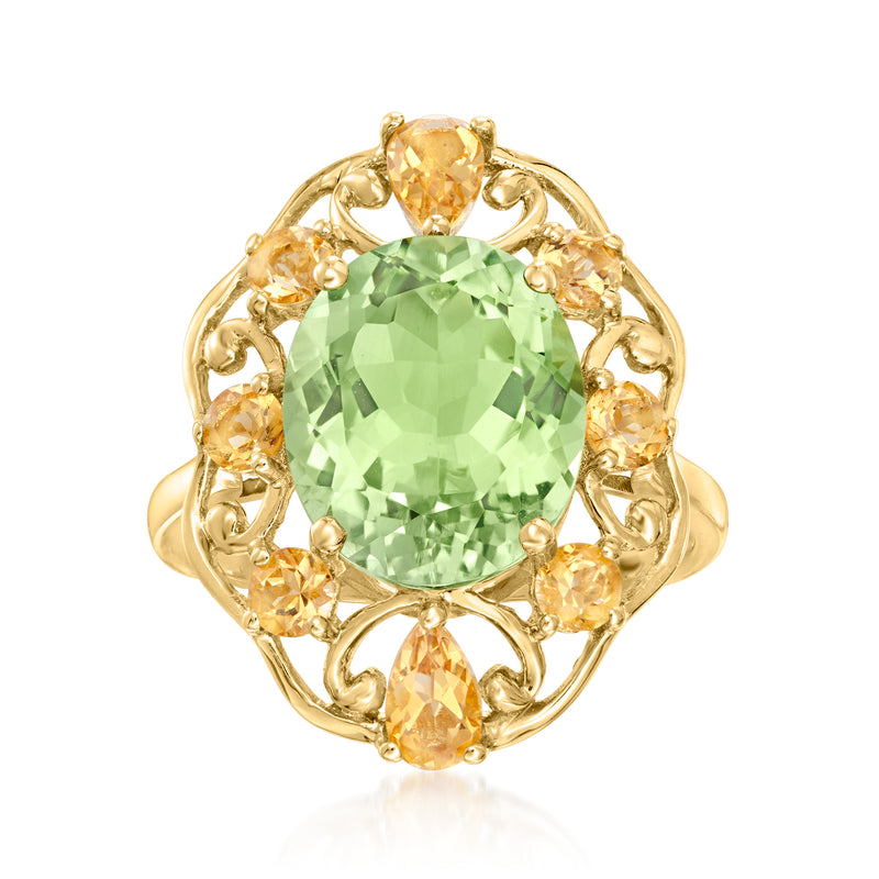 14kt yellow gold openwork ring with oval green prasiolite center and citrine accents
