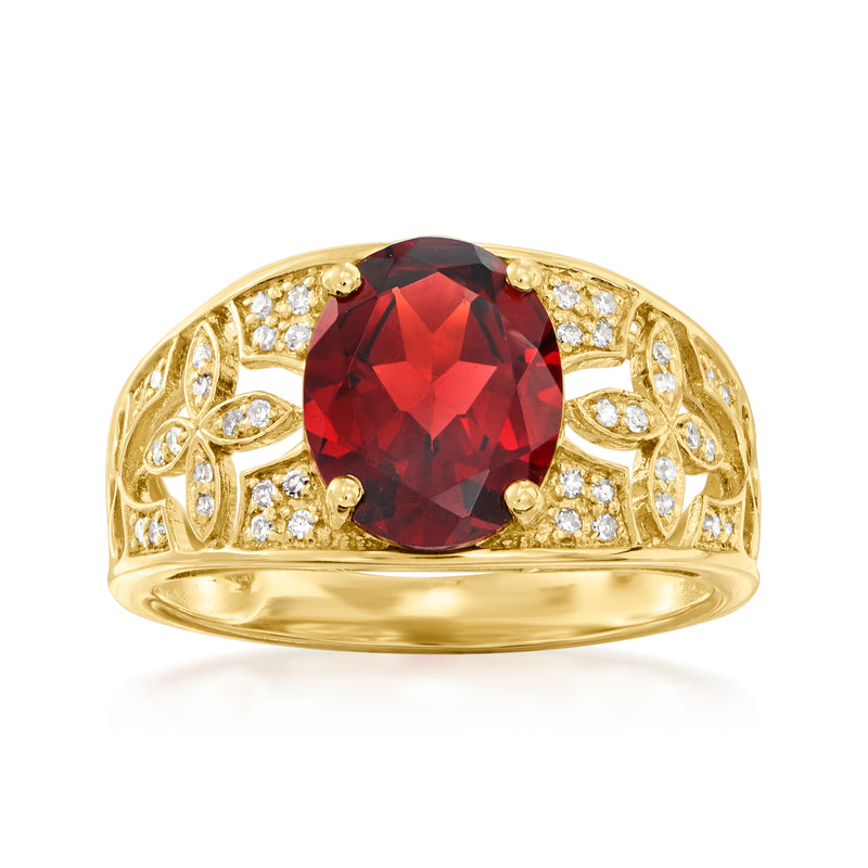 14kt yellow gold garnet and diamond ring with large red oval center stone