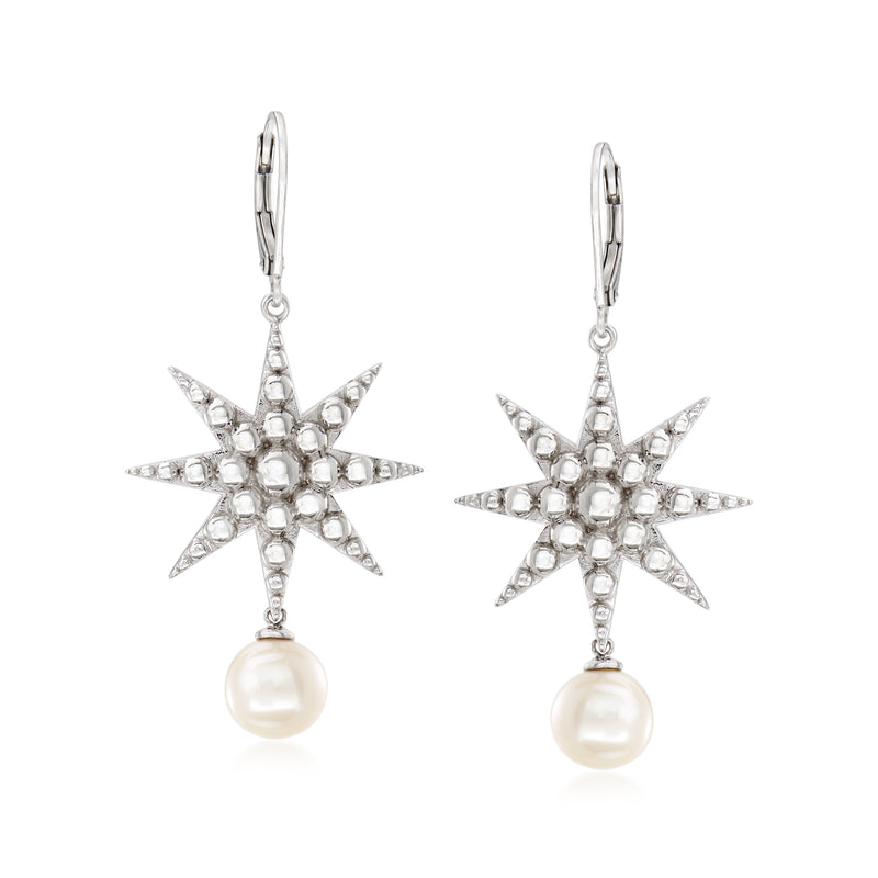 Sterling silver starburst drop earrings with cultured pearl dangles and leverback closures