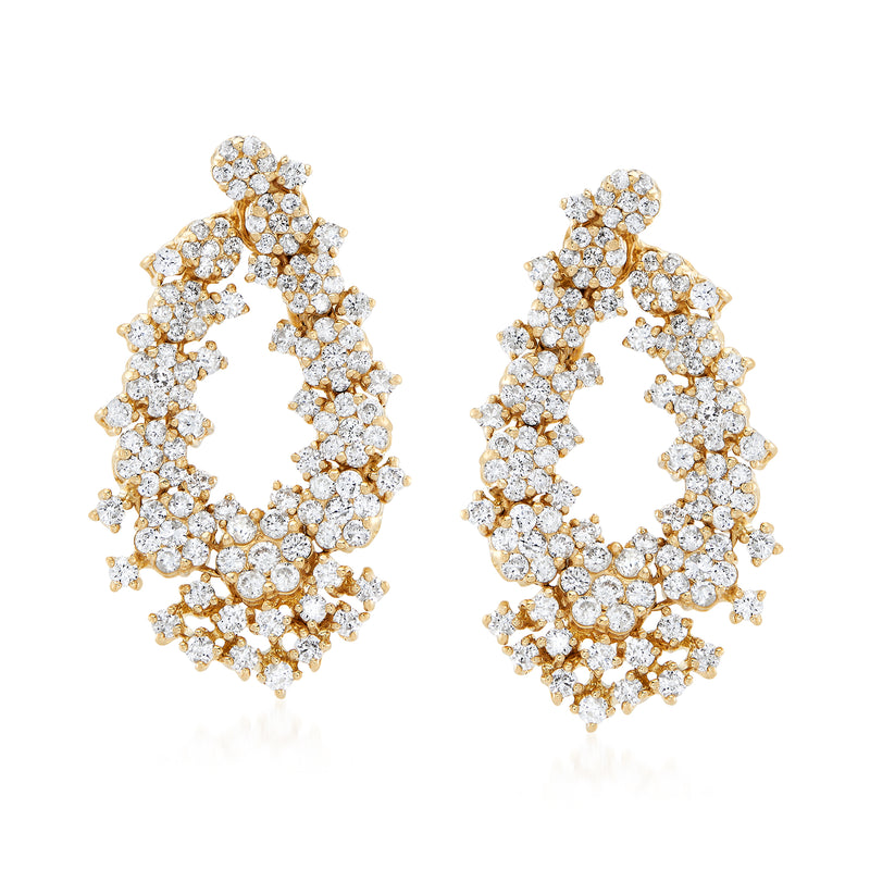 14kt yellow gold floral drop hoop earrings with clear diamond-like stones