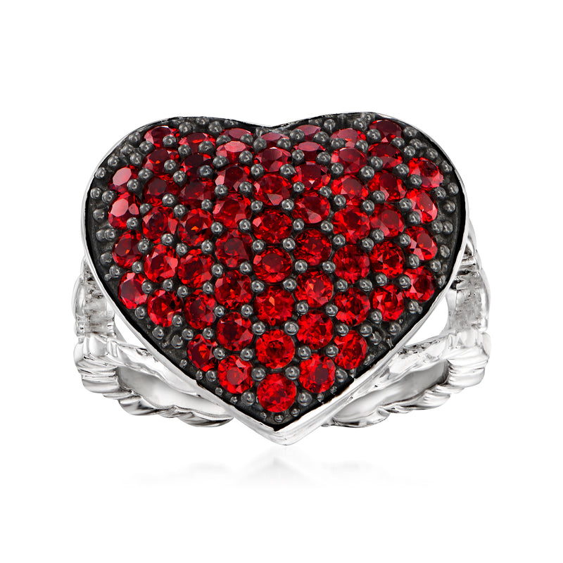 Sterling silver heart cluster ring with red garnet-style stones, scalloped bezel edges