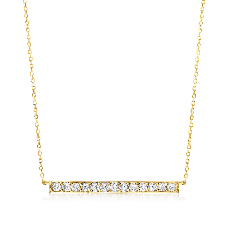 14kt yellow gold diamond bar necklace with row of round stones and cable chain
