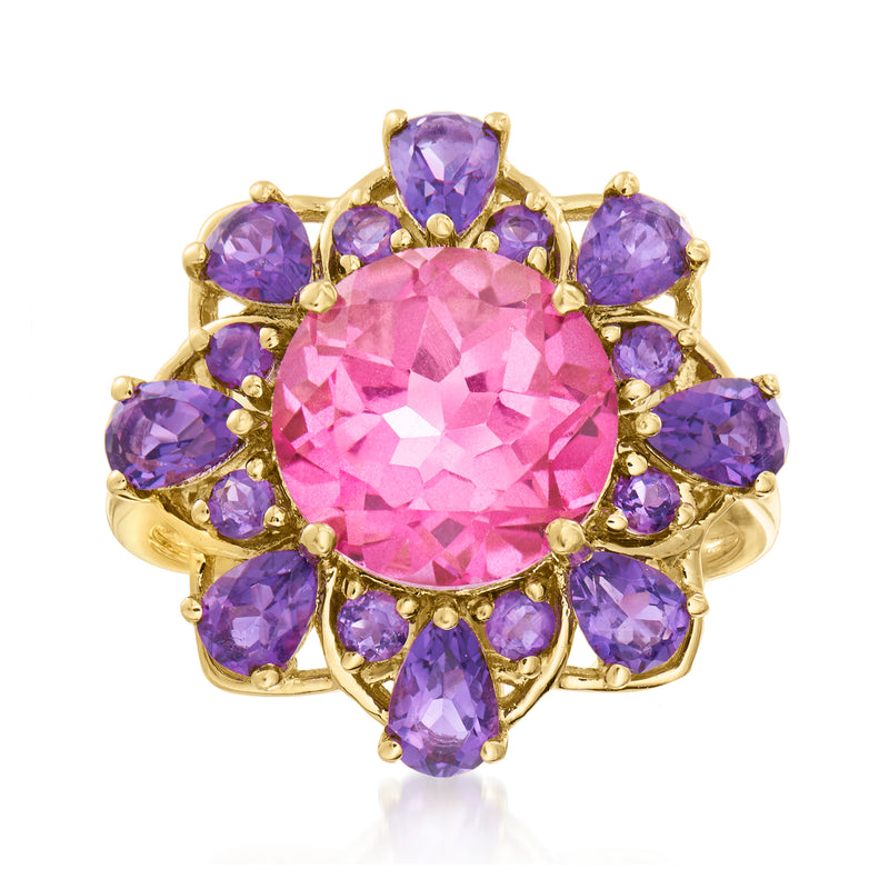 14k yellow gold ring with oval pink gemstone and purple amethyst stones in halo
