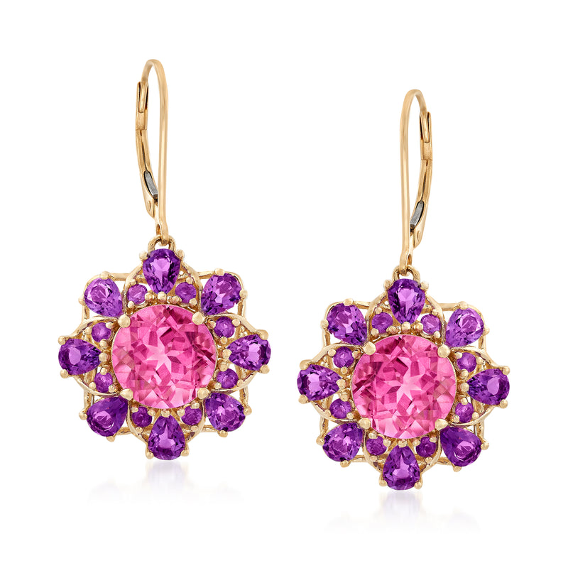 14kt yellow gold leverback drop earrings with pink and purple gemstone cluster