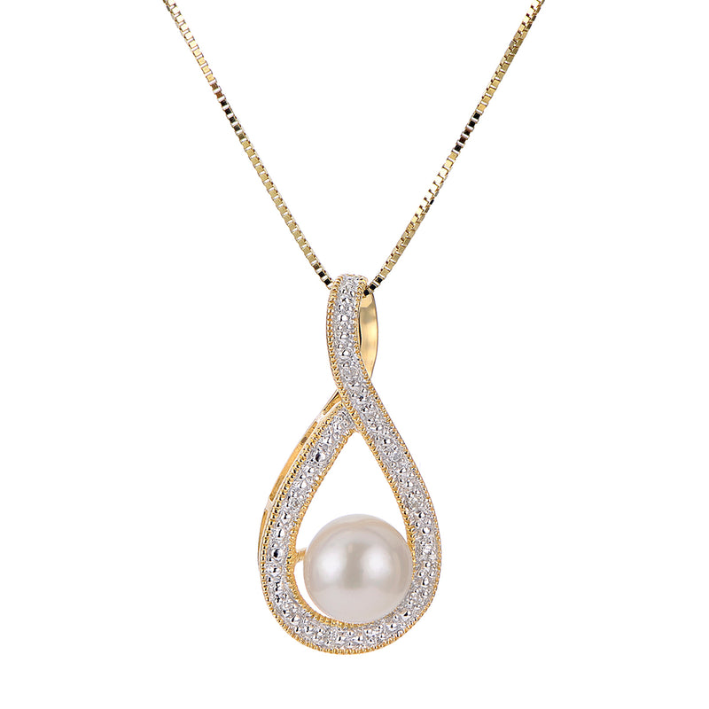 Cultured pearl loop pendant necklace in 14kt yellow gold with pavé accents