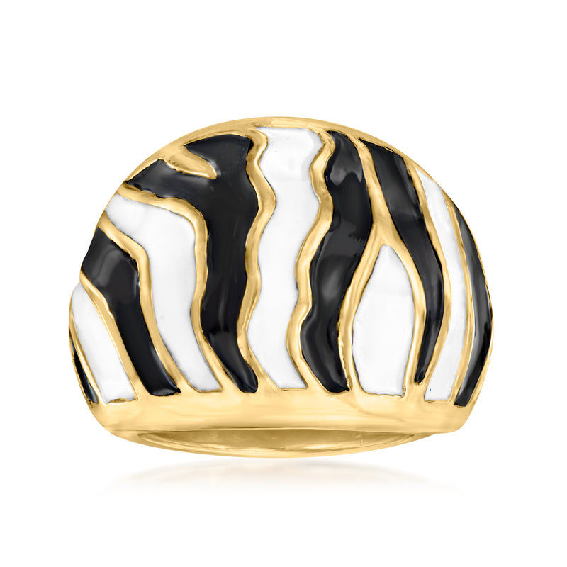 Zebra-print enamel ring with black and white stripes, gold-tone bezel