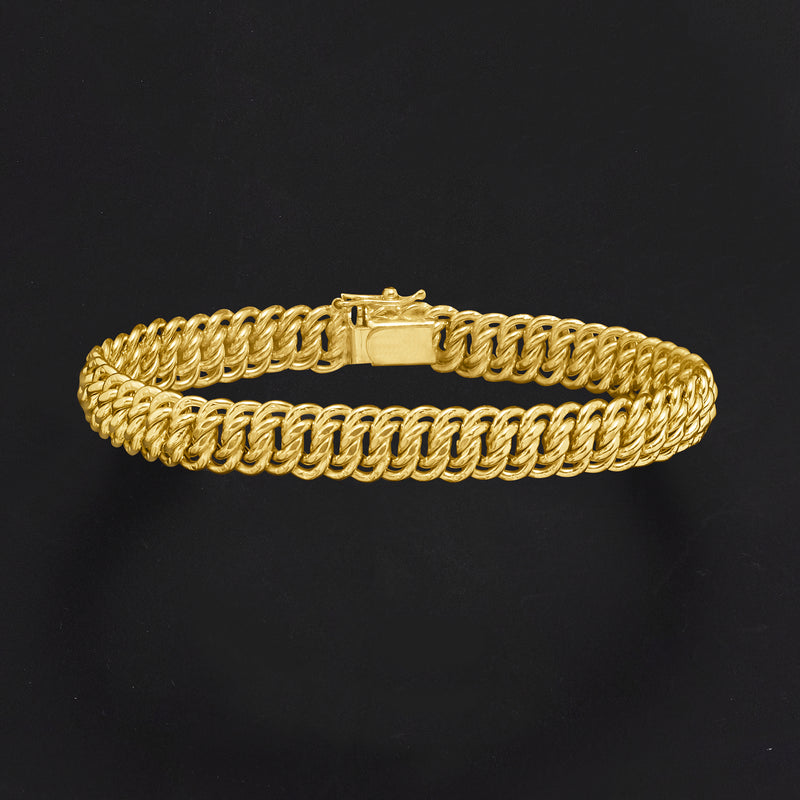 14kt yellow gold chain-link bracelet with rectangular clasp, flat view