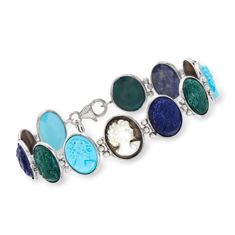 Sterling silver bracelet with oval blue, green, and white cameo-style gemstones