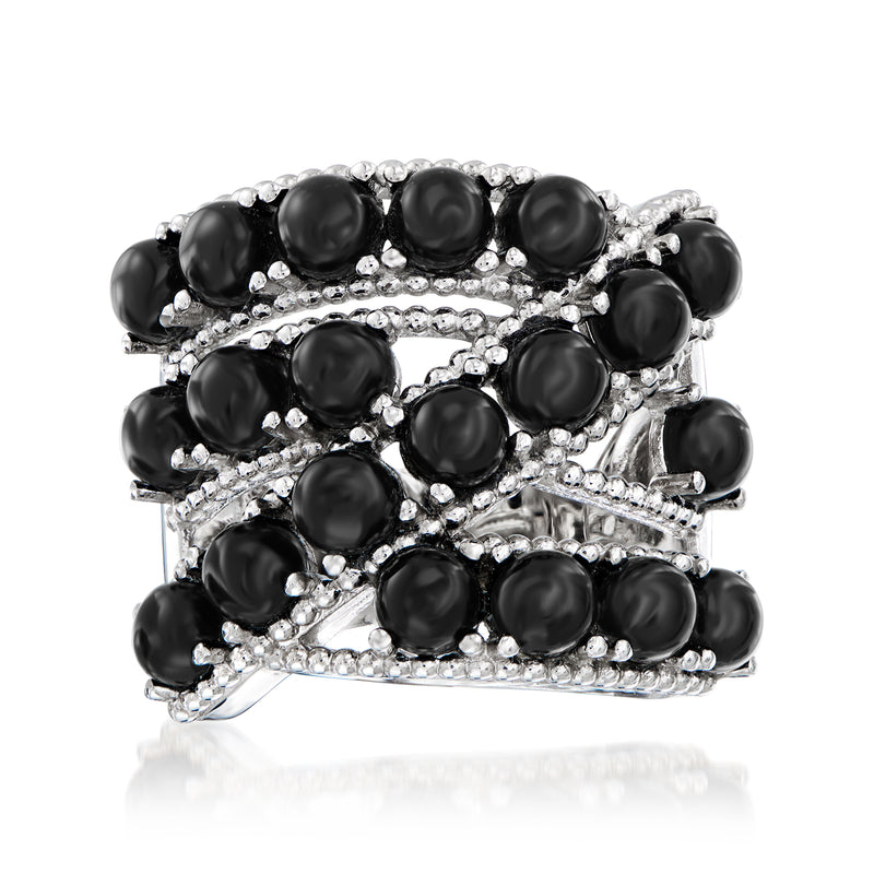 Sterling silver crisscross ring with oval black agate stones and sparkling clear accents