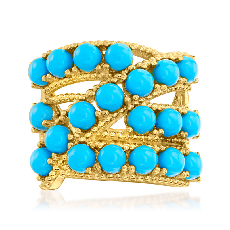 Gold over sterling ring with multiple round turquoise-blue beads across the band