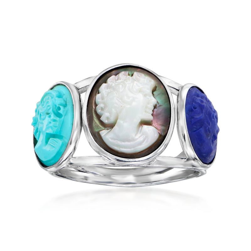 Sterling silver multi-gemstone cameo ring with white oval portrait and blue, turquoise stones