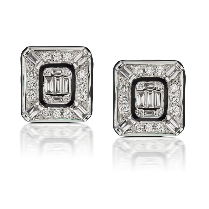 18kt white gold diamond cluster stud earrings with square halo of baguette and round stones