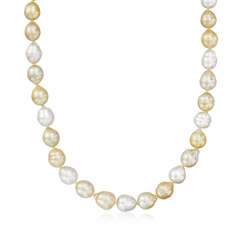 Multicolored cultured pearl necklace with 14kt yellow gold clasp, 8–10mm round pearls