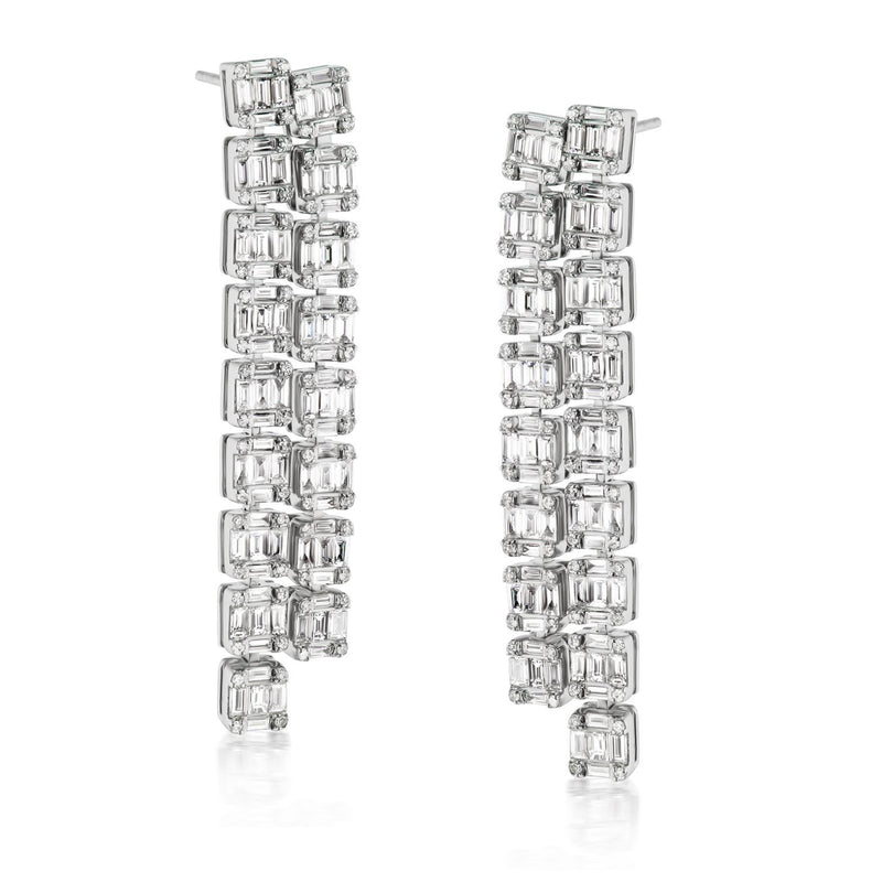 White gold diamond drop earrings with baguette-cut rectangular stones, hinged backs
