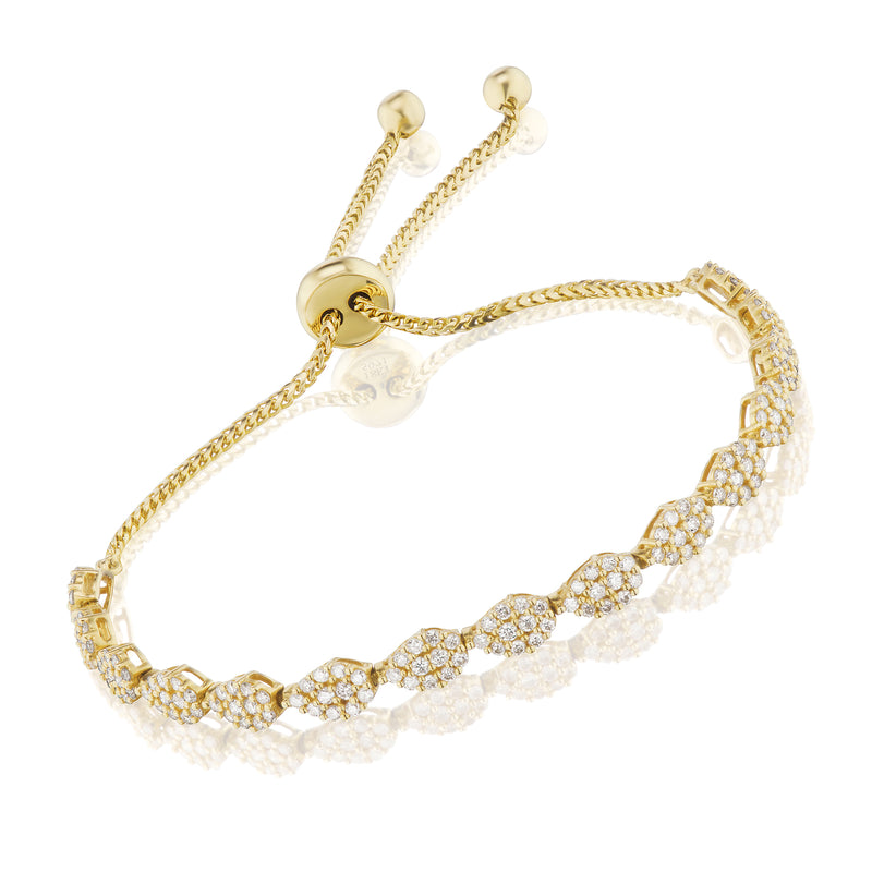 18kt yellow gold bolo bracelet with pavé round motifs and adjustable chain