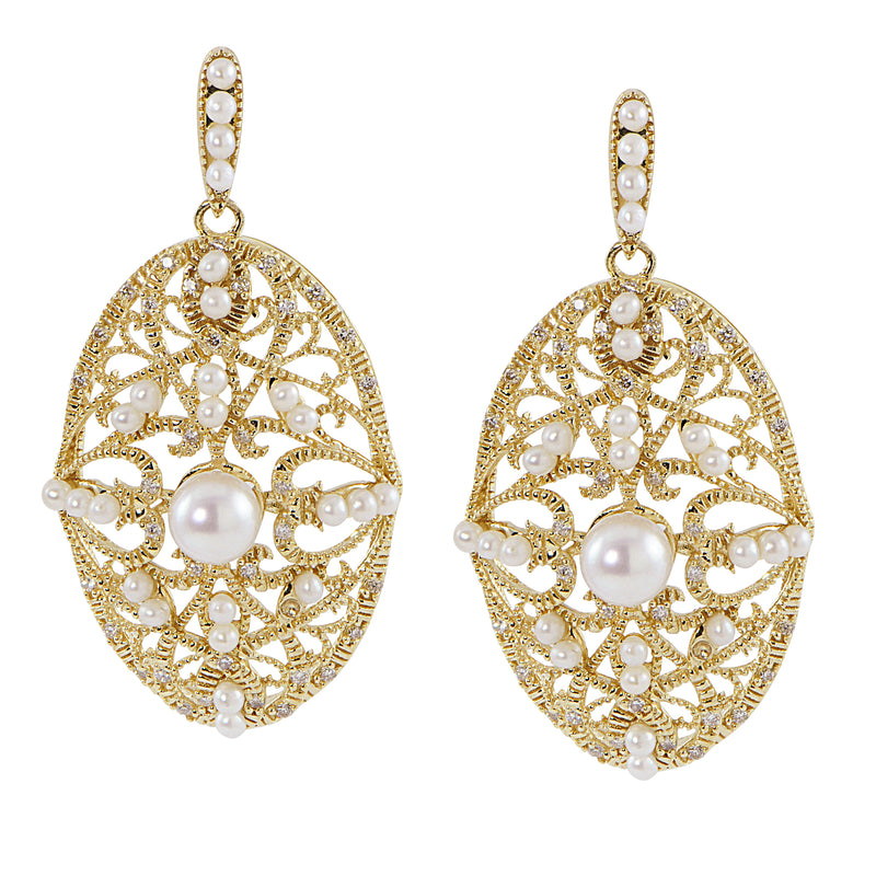 Gold oval drop earrings with cultured pearl filigree and white pearl details
