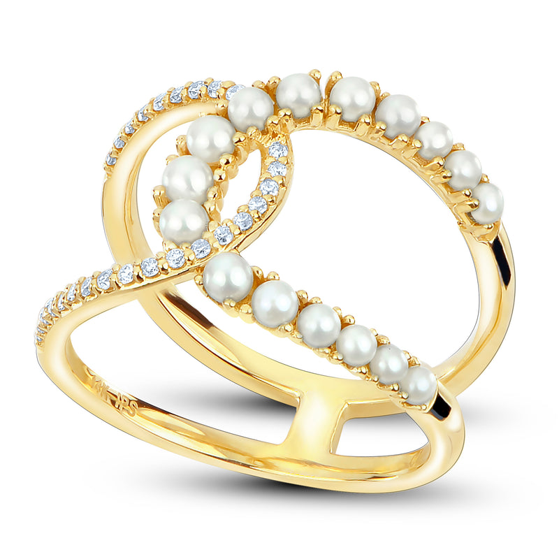 14kt yellow gold double horseshoe ring with cultured pearls and diamond accents