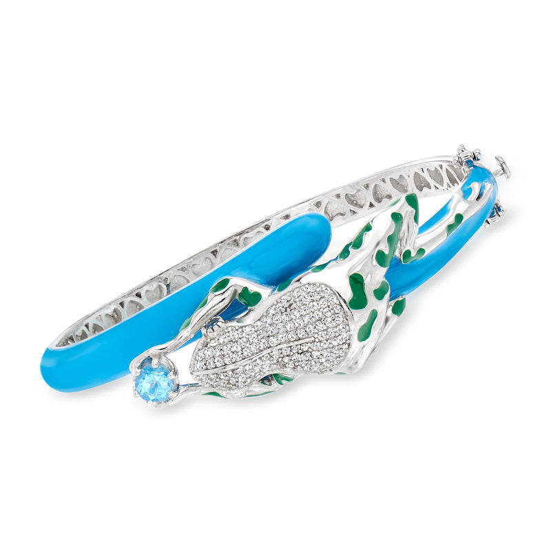 Sterling silver frog bangle with blue enamel, green enamel, and blue gemstone accents