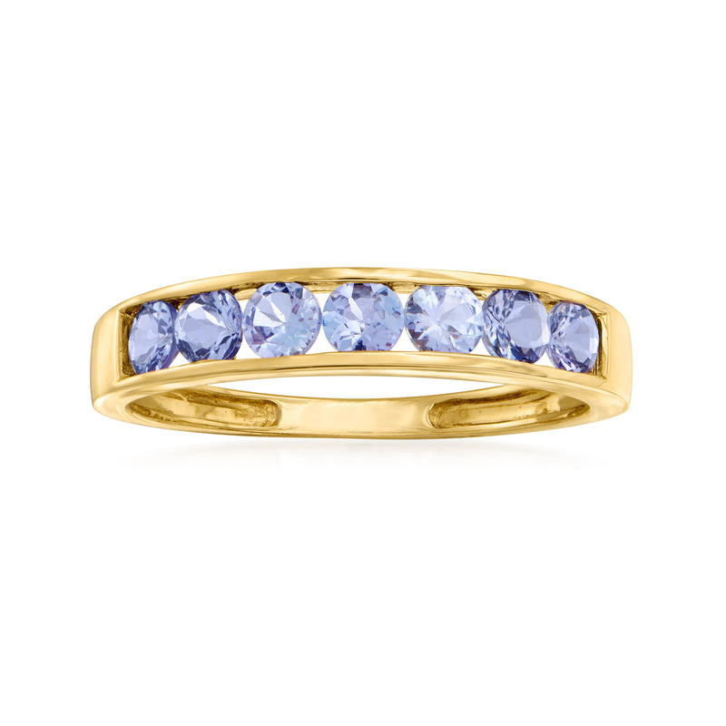 14kt yellow gold channel-set tanzanite ring with oval light-purple stones