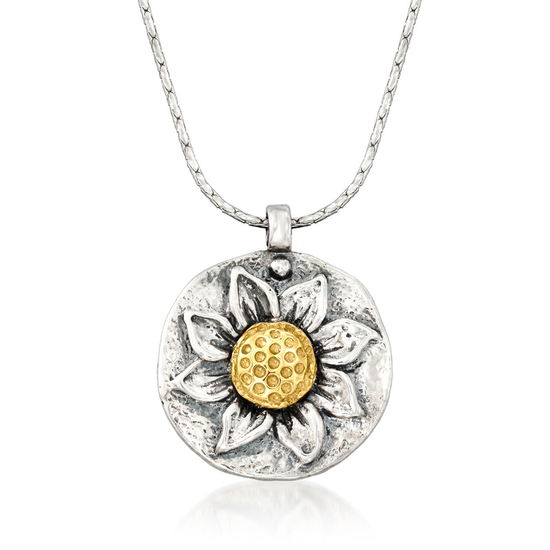 Sterling silver sunflower pendant necklace with round gold center and textured petals