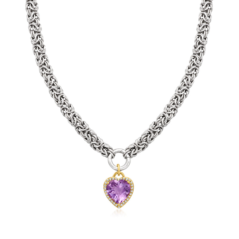 Two-tone sterling silver necklace with amethyst heart pendant and small white accents