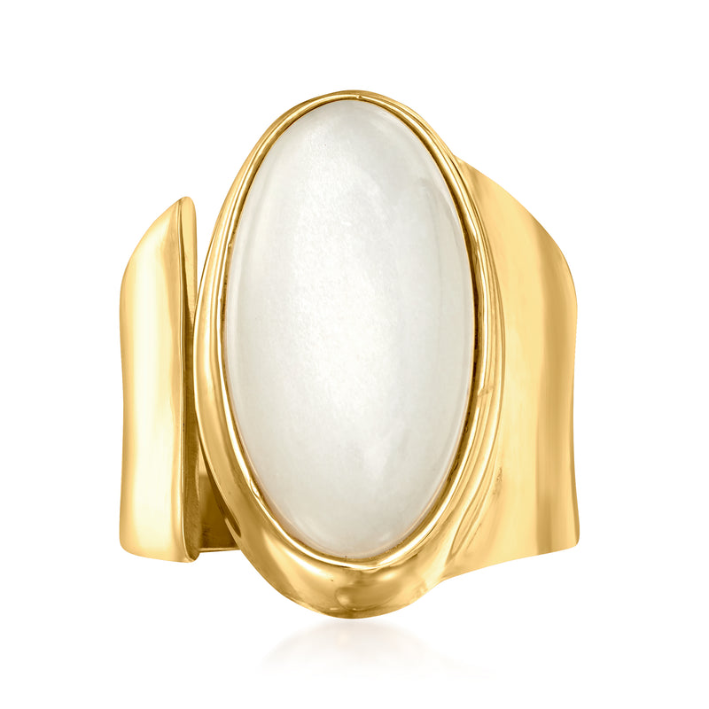 18kt gold over sterling oval moonstone cabochon ring, oval white stone in gold bezel