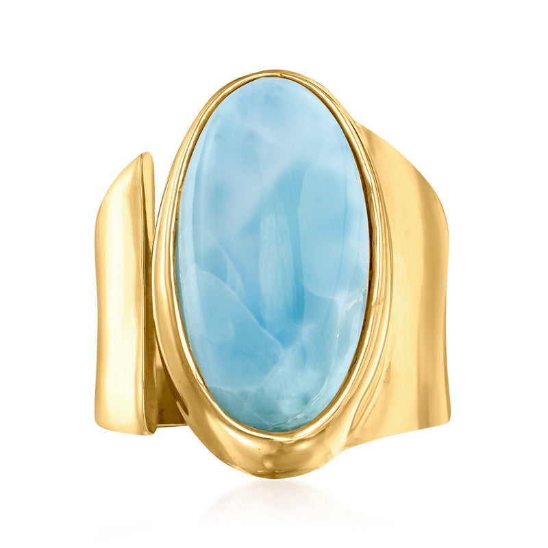 Larimar ring in 18kt gold over sterling, oval light blue stone with split band