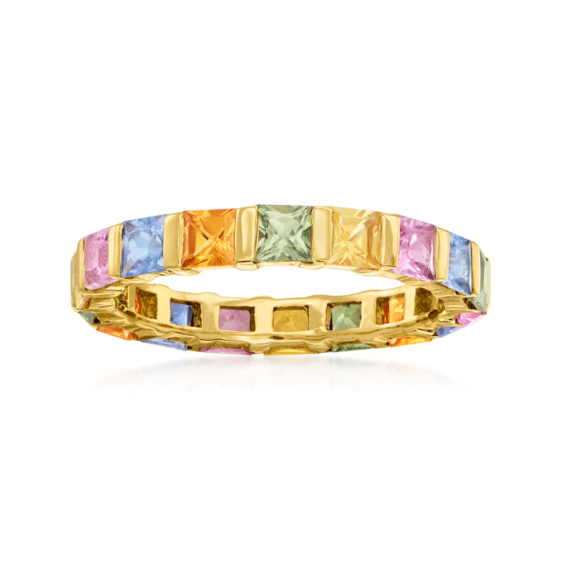 14kt yellow gold eternity band with multicolored sapphire square-cut stones